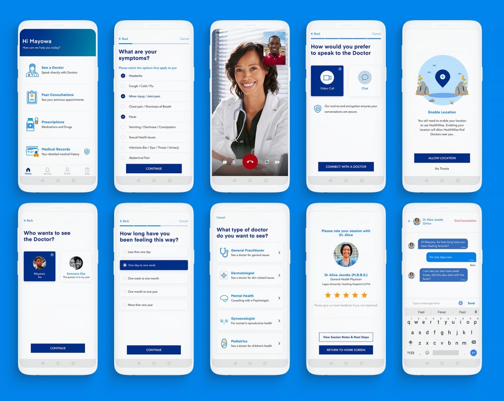 UX frames of UX design project, showing layout of Healthwise health app